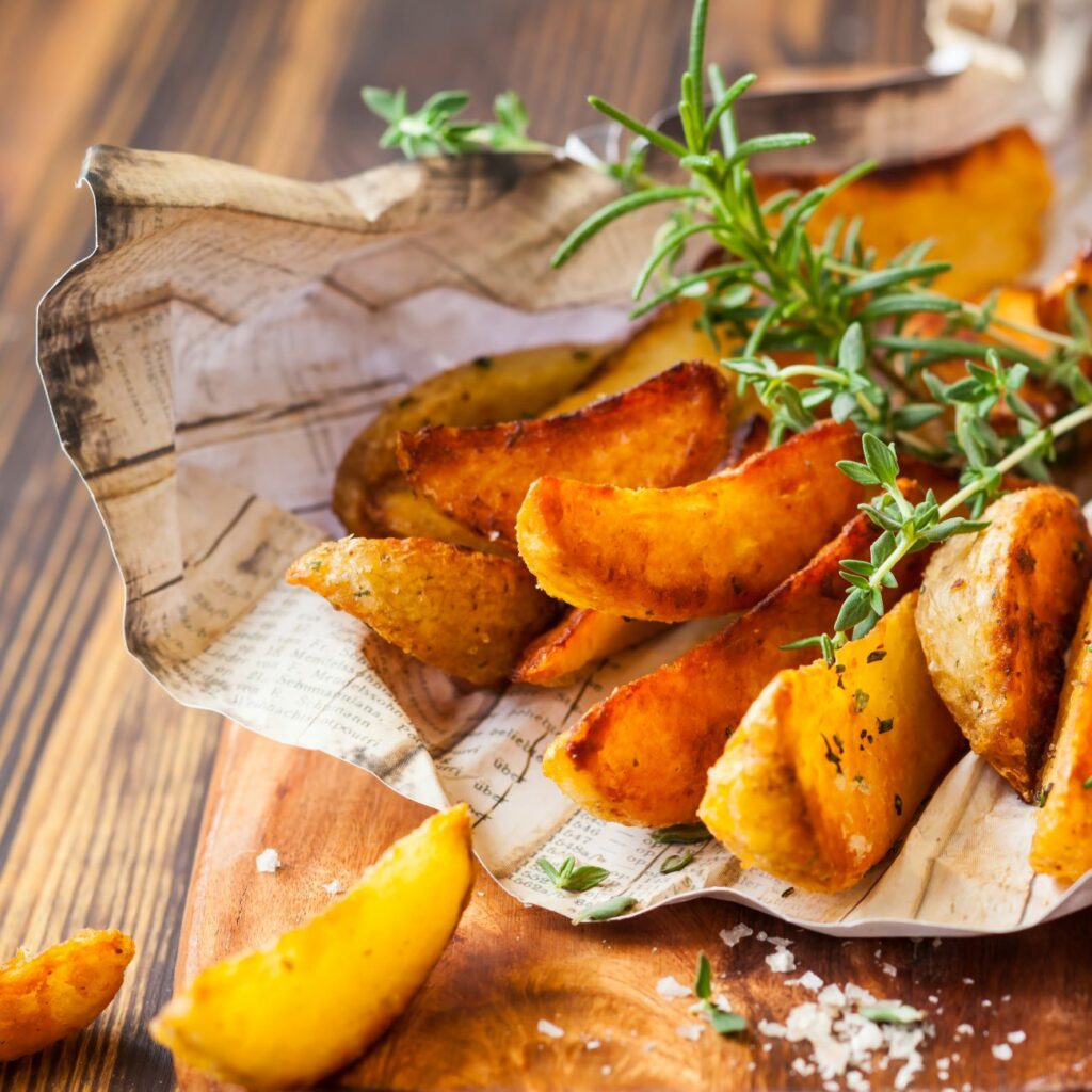 Kartoffelspalten aus der Heißluftfritteuse werden mit Salz und Rosmarin serviert.