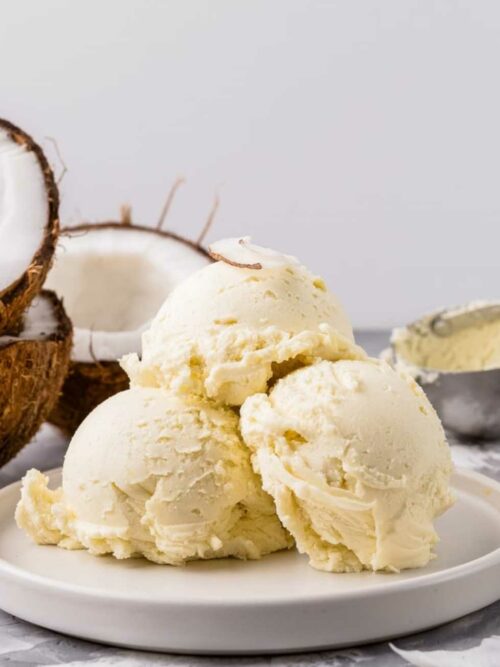 Kokoseis wird auf einem Teller serviert, Kokosnuss-Hälften und ein Eis-Portionierer daneben.