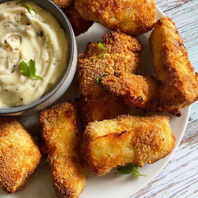 Fischstäbchen aus der Heißluftfritteuse werden mit Remoulade auf einem Teller serviert.