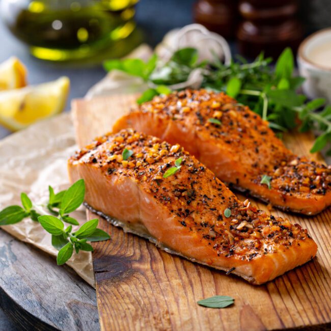 Lachs aus der Heißluftfritteuse wird auf einem Holzbrett serviert.